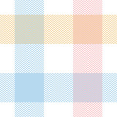 Buffalo plaid patroon in pastelblauw, roze, geel, wit. Herrignbone getextureerde naadloze lichte tartan geruite plaid voor flanellen overhemd, tafelkleed, deken of ander modern lente-zomerstofontwerp.