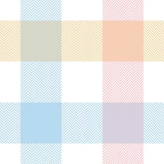 Fotobehang Pastel Buffalo plaid patroon in pastelblauw, roze, geel, wit. Herrignbone getextureerde naadloze lichte tartan geruite plaid voor flanellen overhemd, tafelkleed, deken of ander modern lente-zomerstofontwerp.