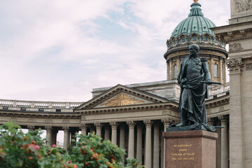 Saint-Petersburg, Russia, 22 August 2020: Monument to commander Barclay de Tolly in front of Kazan Cathedral or Cathedral of Our Lady of Kazan in summer cloudy weather.