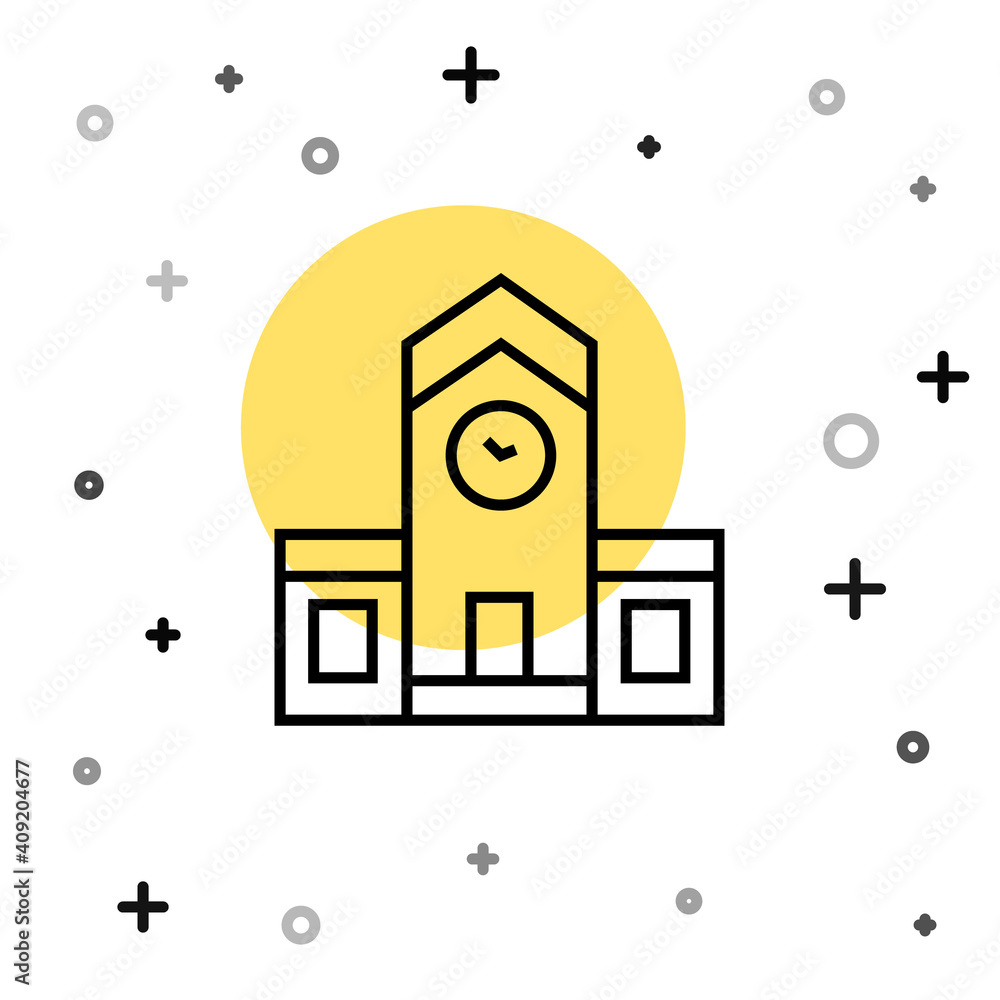 Poster black line railway station icon isolated on white background. random dynamic shapes. vector.