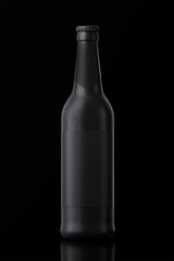 3D model of dark grey beer bottle with cap and label against black background.
