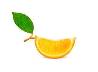 ripe slice of orange on a branch with green leaf on a white background