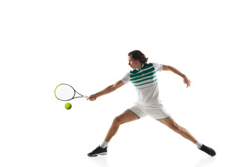 Excited. Young caucasian professional sportsman playing tennis isolated on white background. Training, practicing in motion, action. Power and energy. Movement, ad, sport, healthy lifestyle concept.
