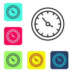 Black line Train station clock icon isolated on white background. Set icons in color square buttons. Vector.
