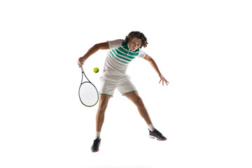 Jumping. Young caucasian professional sportsman playing tennis isolated on white background. Training, practicing in motion, action. Power and energy. Movement, ad, sport, healthy lifestyle concept.