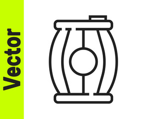 Black line Gun powder barrel icon isolated on white background. TNT dynamite wooden old barrel. Vector.