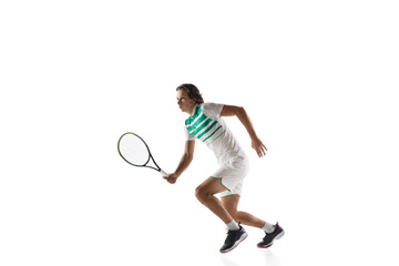 Fototapeta na wymiar Catching. Young caucasian professional sportsman playing tennis isolated on white background. Training, practicing in motion, action. Power and energy. Movement, ad, sport, healthy lifestyle concept.