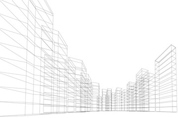 Abstract architectural background. Linear 3D illustration. Concept sketch