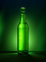 Single green beer bottle with water drops against green illuminated background.