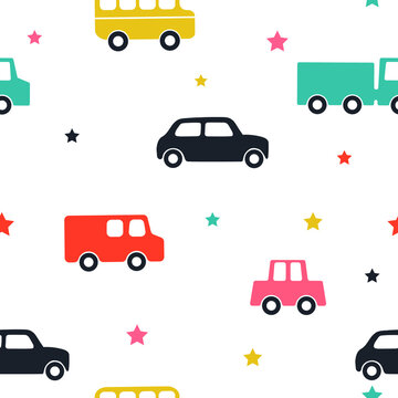 Seamless pattern with cars on the road. Children's background for textiles.