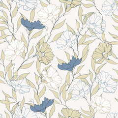 Gentle floral seamless print for fabric. Blue and beige flowers on a white background. Vintage style.