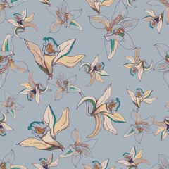 Vintage floral seamless pattern of tropical flowers on a gray background. Vector texture for home textiles