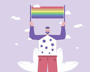 A man with a placard pro-LGBT. Gay parade. Non-traditional sexual orientation. Vector illustration  for telework, remote working and freelancing concept, business, start up
