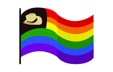Vector illustration of the waving Cowboy pride flag (LGBTQ rainbow version) on white background. The symbol of the cowboy fetish community.
