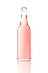3d model of one transparent glass bottle without label. Pink drink in beer bottle isolated on white.