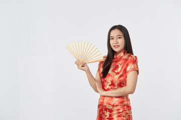 woman red cheongsam dress holding fan