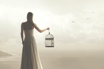 woman frees a bird from its cage and watches it fly away in the sky with other birds