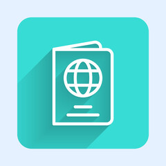 White line Passport with biometric data icon isolated with long shadow. Identification Document. Green square button. Vector.