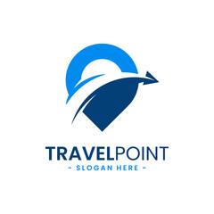 Travel point logo design template. Pin icon with airplane combination. Concept of holiday, tourism, trip, exploration, etc.