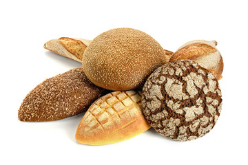 Different types of bread in on a white background.