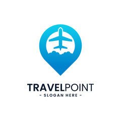 Obraz premium Travel point logo design template. Pin icon with airplane combination. Concept of holiday, tourism, trip, exploration, etc.