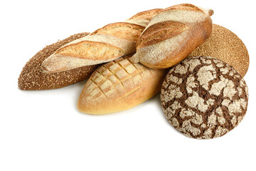 Different types of bread in on a white background.