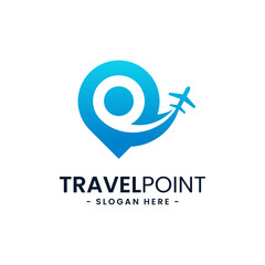 Travel point logo design template. Pin icon with airplane combination. Concept of holiday, tourism, trip, exploration, etc.