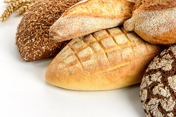 Different types of bread in on a white background.
