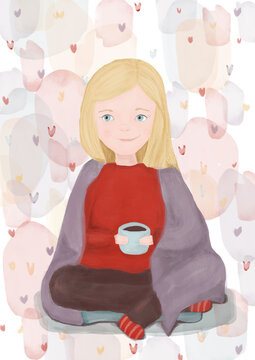 postcard - cartoon character for card. Happy cute girl. Winter. Girl warming up with blanket and hot drink