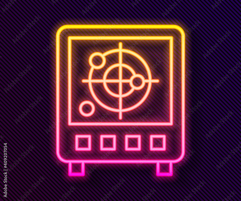 Poster glowing neon line radar with targets on monitor in searching icon isolated on black background. sear