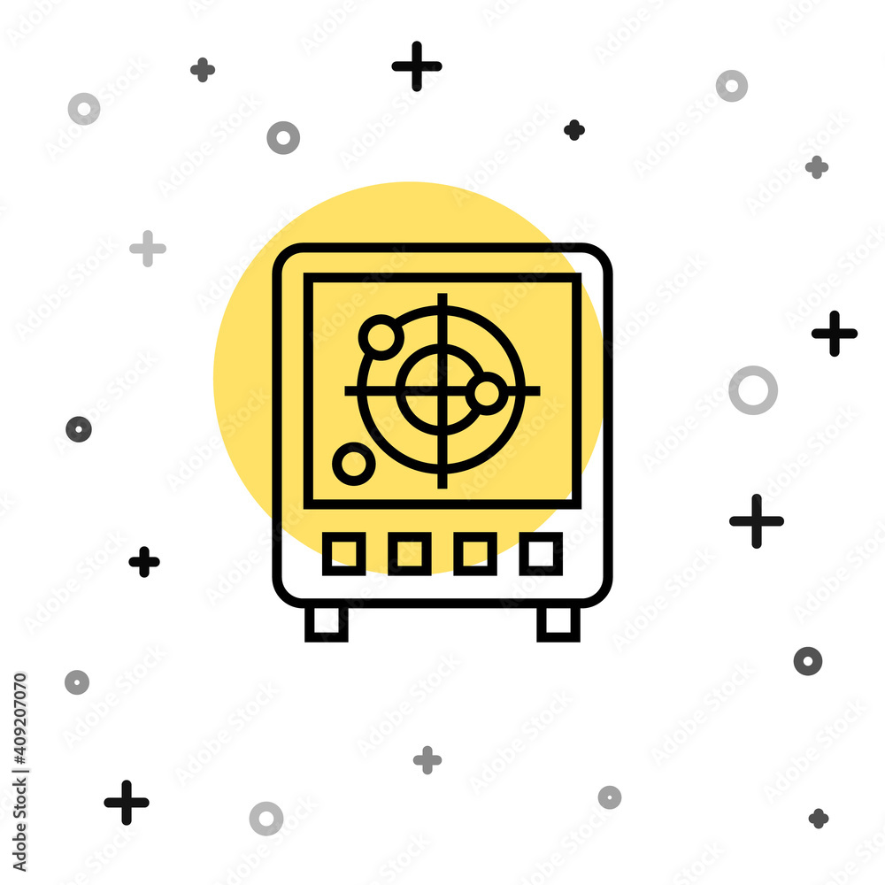 Poster black line radar with targets on monitor in searching icon isolated on white background. search syst