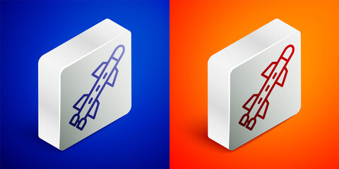 Isometric line Rocket icon isolated on blue and orange background. Silver square button. Vector.