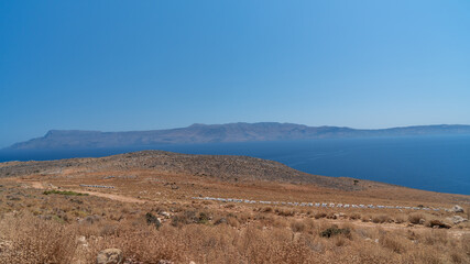 Rough Balos Lagoon (Balos Beach) trail landscape in northwestern part of Crete Island near Chania, Greece. Bumpy car road and footpath leads to the famous beach.
