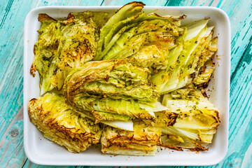 Oven-baked Chinese cabbage in a white dish.