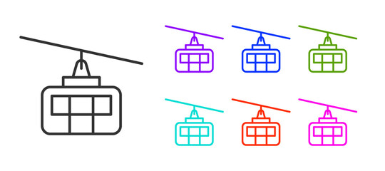 Black line Cable car icon isolated on white background. Funicular sign. Set icons colorful. Vector.