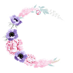 Fototapeta na wymiar Round wreath garland of pink peony, astilbe, purple anemone flower. Isolated on white background.