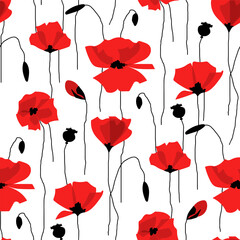 Red poppy flowers on white background. Seamless pattern. Flat cartoon style.