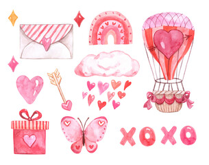 Watercolor Valentines day themed design elements. Hand drawn pink and red hearts, hot air balloon, gift, love letter, bouquet, butterfly, isolated on white background. Holiday illustration