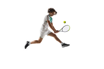 Fototapeta na wymiar Flying. Young caucasian professional sportsman playing tennis isolated on white background. Training, practicing in motion, action. Power and energy. Movement, ad, sport, healthy lifestyle concept.
