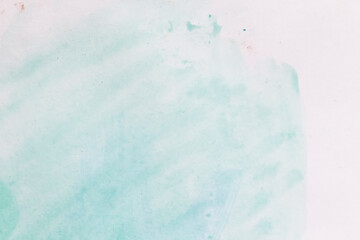  Blue watercolor background with smooth streaks on white paper. Translucent light aqua watercolor stains with copy space for text