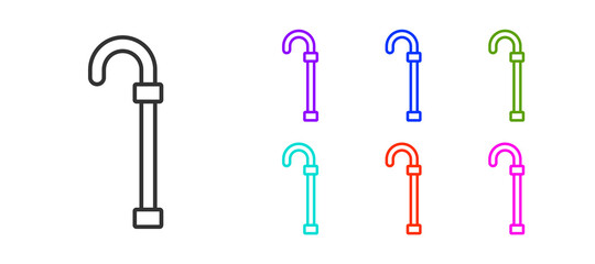 Black line Walking stick cane icon isolated on white background. Set icons colorful. Vector.