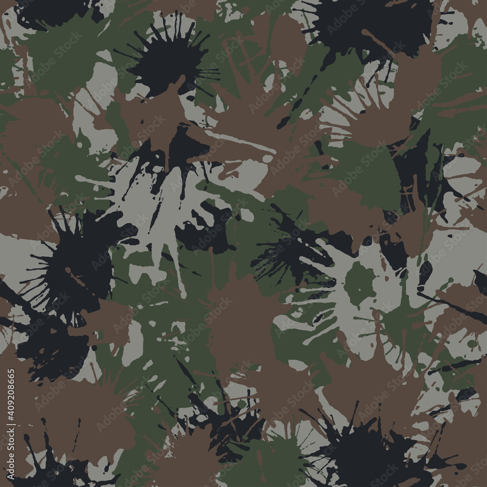 Poster blots khaki camo seamless chaotic pattern of paint splashes spots. vector hand drawn camouflage text