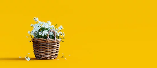 Fotobehang White flowers in wooden basket on yellow spring background 3D Rendering © hd3dsh