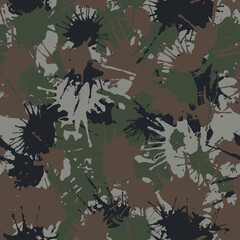 Blots khaki camo seamless chaotic pattern of paint splashes spots. Vector hand drawn camouflage texture for printing on fabric. Urban ink grunge background
