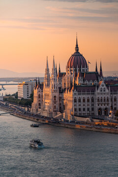 Budapest, Hungary. Night view on Parliament building over delta of Danube river.