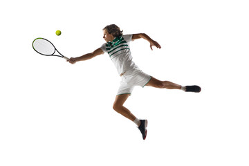 Flying. Young caucasian professional sportsman playing tennis isolated on white background. Training, practicing in motion, action. Power and energy. Movement, ad, sport, healthy lifestyle concept.