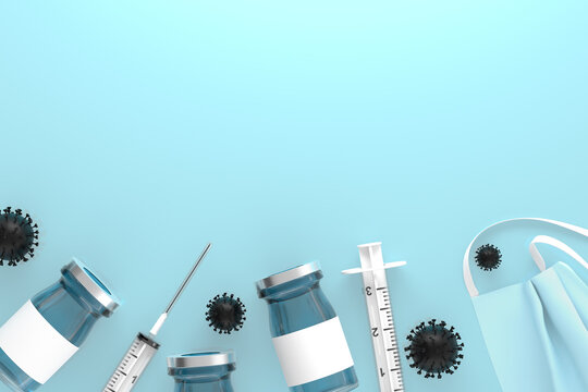 Illustration of a vaccine in a bottle, syringes, mask, infection or virus molecules. Medical concept on the topic of vaccination. 3D Render.