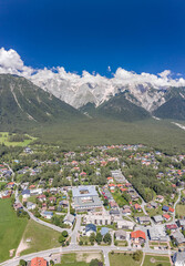 Fototapeta na wymiar Aerial drone view of mieming mountain range in Obermieming valley village in Tyrol Austria
