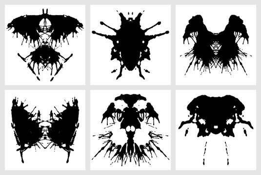 Ink blot for psychiatric evaluations. Rorschach test. Vector set of grunge abstract black spots 