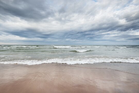 Panoramic view of the Baltic sea from a sandy shore (sand dunes). Dramatic sky with glowing clouds, waves and water splashes. Idyllic seascape. Warm winter weather, climate change, nature. Denmark